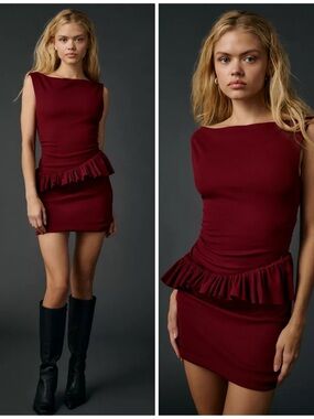 Sleeveless Burgundy Ruffle Peplum Mini Dress